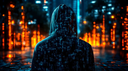 Poster - A figure in a hooded jacket stands against a glowing urban backdrop.