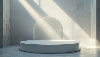 Poster - White Circular Pedestal in a Minimalist Room with a Marble Wall and an Archway
