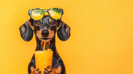 Canvas Print - A playful dog wearing sunglasses holds a tropical drink against a bright yellow background.