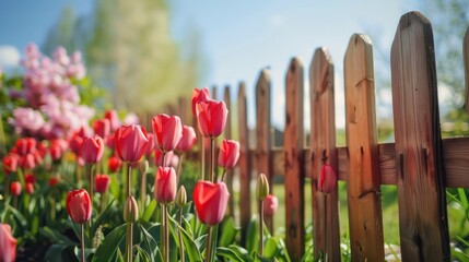 Wall Mural - tulips by the fence