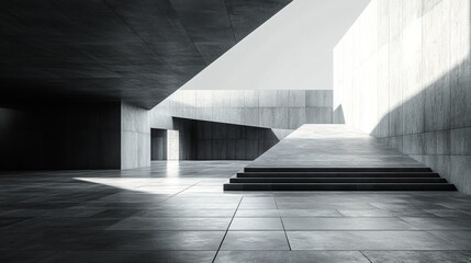 Fototapete - A striking interior showcases minimalistic concrete structures with sharp angles and soft light highlighting the space. The design emphasizes simplicity and elegance.