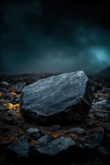 Canvas Print - Lone rock on rocky terrain, misty atmospheric background, dramatic lighting.