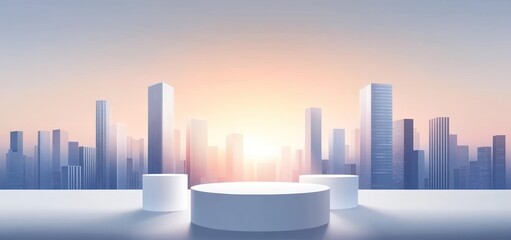 Poster - A modern city skyline at sunrise with circular platforms in the foreground.