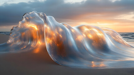 Poster - Ethereal figure emerging from waves at sunset.