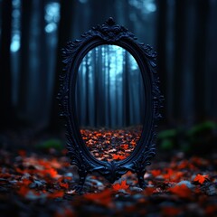 Sticker - Mysterious mirror reflecting autumn forest, dark atmosphere, enchanting scene.