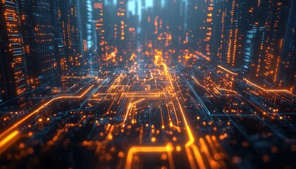 Aufkleber - Abstract Digital Circuitry with Glowing Orange Lines