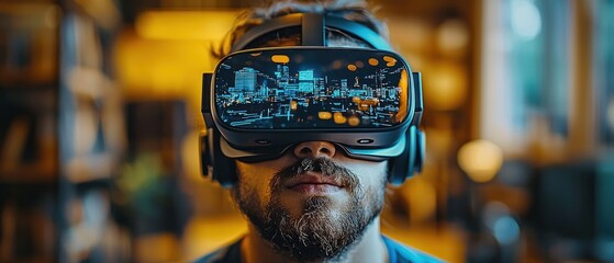Aufkleber - Man Experiencing Virtual Reality with a Cityscape View