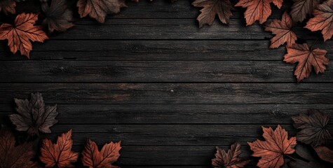 Poster - A dark wooden background framed by autumn leaves, creating a seasonal and rustic aesthetic.