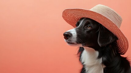 Wall Mural - A stylish dog wearing a straw hat against a coral background.