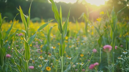 Wall Mural - summer sunset in a field of flowers