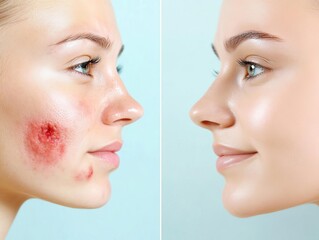 Side-by-side facial skin transformation, from red irritated acne to clear glowing skin, soft focus, detailed pore visibility