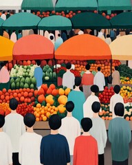 A vibrant market scene filled with people and colorful produce.