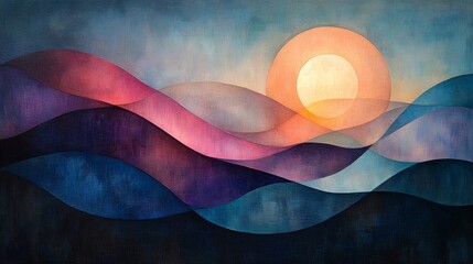 Poster - A vibrant abstract landscape displays gentle waves in various hues, with a warm sun peeking over the horizon, creating a calming ambiance.
