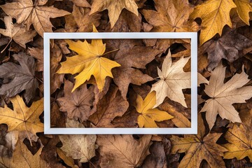 Wall Mural - A collection of autumn leaves arranged with a white frame for artistic effect.