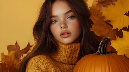 Poster - Autumn Beauty with  Pumpkin & Fall Leaves