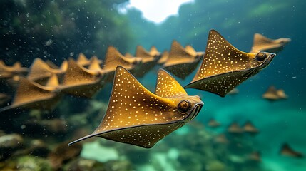 A school of spotted eagle rays swims in formation, with a few individuals in the foreground and the rest fading into the distance.