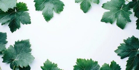 Wall Mural - A border of green leaves surrounding a blank space on a white background.