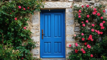 Rustic stone cottage entry with a bold blue door and a cascade of roses climbing the wall, exuding a charming countryside vibe.