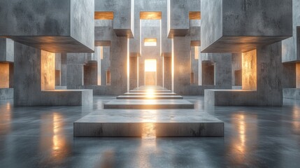 Aufkleber - This environment features an intricate arrangement of concrete structures with glowing openings, creating a captivating effect as sunlight streams through, emphasizing the geometric design.