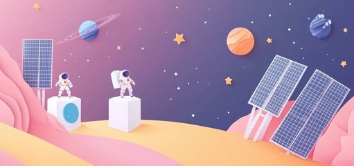 Wall Mural - two astronauts explore a colorful, abstract space scene with planets and solar panels.