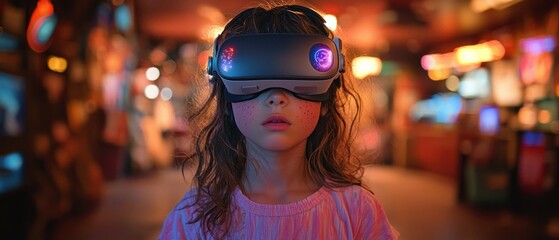 Poster - Young Girl Wearing a VR Headset in a Lit-Up Arcade Setting