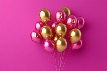 Bunch of shiny pink and golden balloons on magenta background. Card for 30 years anniversary for birthday, wedding or other events. Festive pink background with copy space. Created with