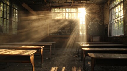 Canvas Print - Sunbeams stream through an abandoned classroom, illuminating vintage wooden desks and a chalkboard covered in years of dust. The stillness speaks of a time long past.