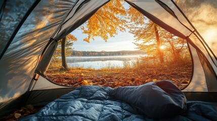 Wall Mural - The view from inside a tent capturing the beauty of an autumn landscape, with bright leaves and crisp morning air, creating a peaceful retreat.