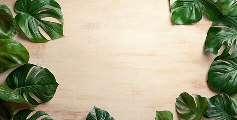 Wall Mural - A flat lay of green leaves on a light wooden surface, ideal for nature-themed designs.