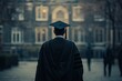 © MUdaylah - A graduate in cap and gown stands with their back to the camera, facing a blurred building that resembles an educational institution. with generative ai