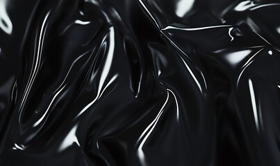 Poster - A close-up view of glossy, black fabric with a wrinkled texture, reflecting light and creating a striking, smooth surface.