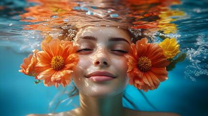 Sticker - A serene underwater portrait of a girl with floral accents.