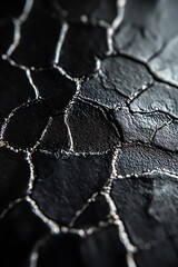 Poster - A close-up view of a textured, cracked surface with a dark, glossy finish, illustrating intricate patterns and contrasting light reflections.