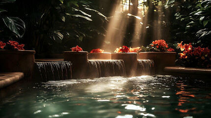 Sticker - Serene water feature surrounded by lush greenery and flowers.