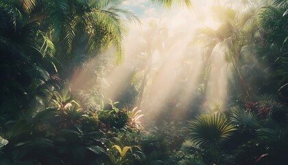 Poster - A lush forest scene illuminated by rays of sunlight filtering through dense foliage, creating a serene and magical atmosphere.