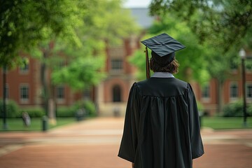 A graduate in cap and gown stands with their back to the camera, facing a blurred building that resembles an educational institution. with generative ai