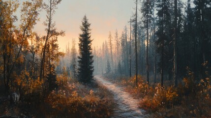 Wall Mural - Serene forest path at sunrise with vibrant foliage and misty atmosphere.