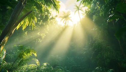 Poster - A serene jungle scene with sun rays streaming through lush greenery, creating a tranquil and inviting atmosphere.