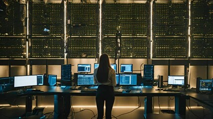 In a shadowy server room, a woman in IT support is diligently working within a network and data center. She is involved in cybersecurity and analytics, while a female programmer actively resolves