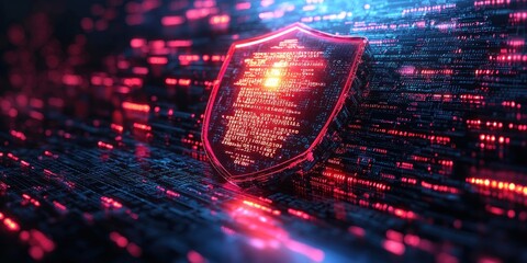Poster - Glowing Red Shield on Abstract Digital Background