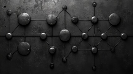 Poster - A striking black wall features a geometric arrangement of circular shapes interconnected by lines, creating an intriguing design in an industrial-style setting.
