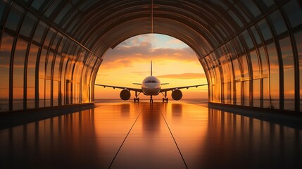 A wide shot of tourists boarding a plane through a glass jet bridge, with the plane s engines visible in the background Bright morning sunlight and reflections on the glass