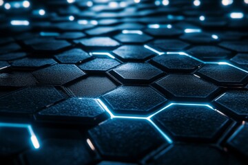 Abstract hexagonal pattern with glowing blue lines.