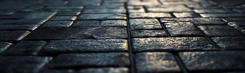 Poster - A close-up view of shiny, wet cobblestone pavement reflecting light, creating an atmospheric and textured urban landscape.