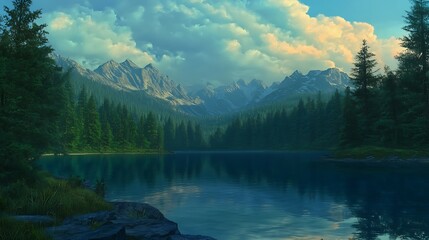 Poster - A serene landscape featuring a calm lake surrounded by lush forests and majestic mountains under a blue sky with fluffy clouds.