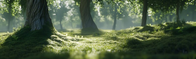 Poster - A serene forest scene with sunlight filtering through trees, casting dappled shadows on a lush carpet of grass.