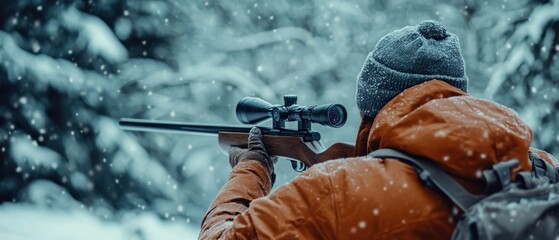 A person in winter attire aiming a rifle in a snowy forest.