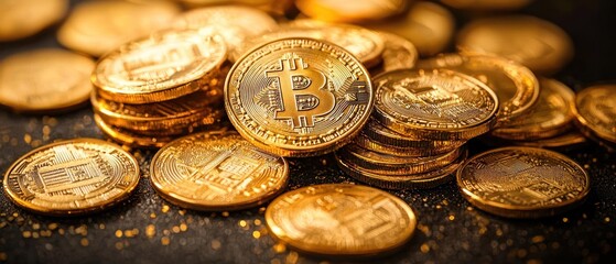 Aufkleber - Close-up of Golden Bitcoin Cryptocurrency Coins