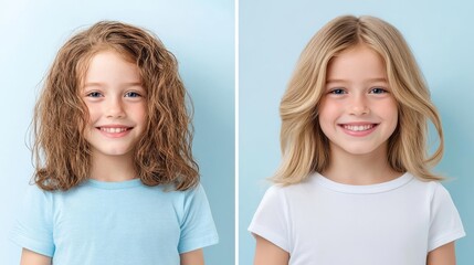 Side-by-side of a child s knotty, unruly hair before detangling spray treatment, smooth, manageable hair after, Detangling spray, before-after transformation