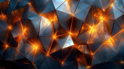 Fototapete - An intricate arrangement of geometric shapes creates a dynamic composition, with orange highlights illuminating a metallic surface, showcasing modern artistic design.